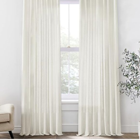 Linen Curtain Panels 50 x 108 Ivory Off White Flax Weave Sheer Drapes Curtains - Picture 6 of 16
